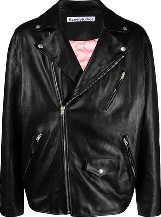 Acne Studios off-centre zip leather biker jacket - men - Lamb Skin/Polyester - 48 - Black
