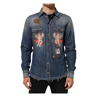 Dolce & Gabbana Denim Shirts, male, Blue, Size: XL Angel Patch Denim Buttoned Down Shirt