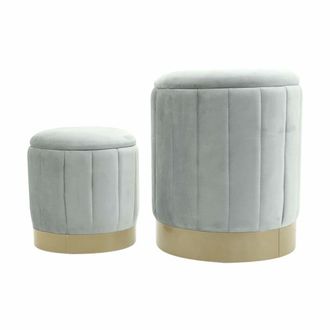 Mobili Rebecca Juego de 2 poufs de almacenamiento en tela efecto terciopelo gris