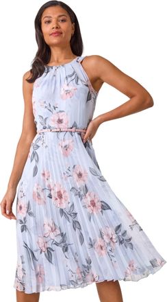 Roman Womens Floral Pleated Halter Midi Dress - Grey - Size 18 UK