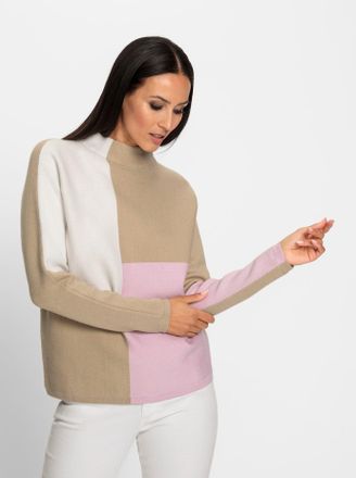 Heine Stehkragenpullover HEINE Pullover, Damen, Gr. 34, beige (beige, ecru, gemustert), 50% Viskose, 28% Polyester, 22% Polyamid, gemustert, mehrfarbig, Pul