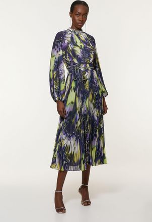 Karen Millen Womens Crystal Embellished Crinkle Feather Printed Woven Maxi Dress - Multicolour - Size 8 UK