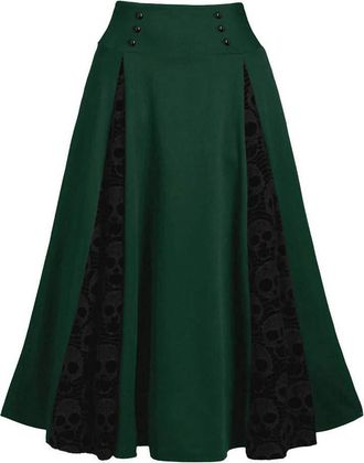 Generic Victorian Gothic High-Waisted Pleated Skirt Steampunk Lace Panel with Skull Pattern Womens Vintage Gypsy Hippie Pleated (UK, Alpha, S, Regular, Regula