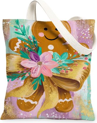 Generic Gingerbread Floral Canvas Tote Bags, Holiday Sweet Treat Pattern Reusable Bags, Vintage Decorative Lightweight Washable Canvas for Travel Picnic 13x15