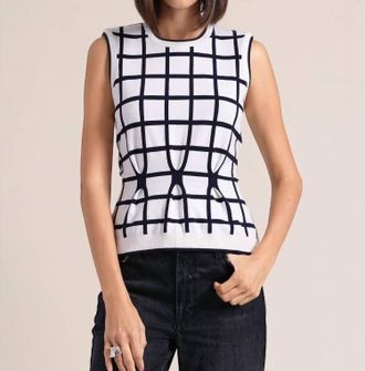 Minnie Rose Windowpane Pleat Top In White/navy