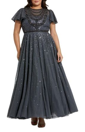 Mac Duggal Sheer Flutter Sleeve Beaded Fluffy Net Gown in Charcoal at Nordstrom, Size 14W