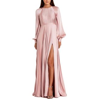 Mac Duggal Petite Pleated High Neck Raglan Long Sleeve Side Slit Gown in Blush at Nordstrom, Size 12P