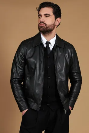 D'Arienzo Giacca in pelle nera nappa effetto liscio collo camicia DArienzo, Seleziona Taglia 46, Colore Nero