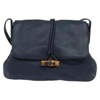 Gucci Hip Bamboo Flap Leather Blue Leather Handbag (Pre-Owned)