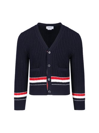 Thom Browne Navy Blue Knitted Cotton V-Neck Cardigan