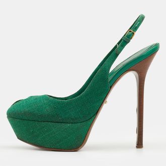 Sergio Rossi Green Canvas Cachet Peep Toe Platform Slingback Sandals