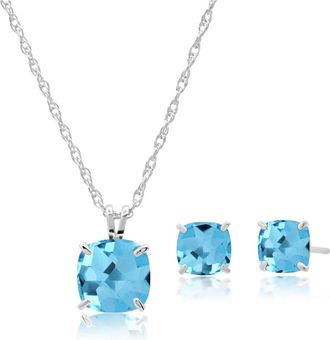 MAX + STONE 925 Sterling Silver Cushion Cut Gemstone Stud Earrings and Pendant Necklace