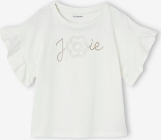 Vertbaudet Festliches M&auml;dchen T-Shirt mit Reliefblume und Glitzerschrift wei&szlig;