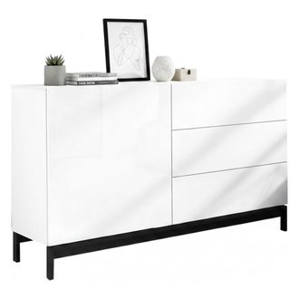 Dmora Dmora - Aparador Dmazzi, Aparador De Cocina Con 1 Puerta Y 3 Cajones, Buffet De Sal&oacute;n, 100% Made In Italy, Cm 110x40h47, Blanco Brillo