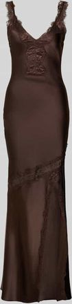 Little Mistress Maxikleid mit Spitzenbesatz und Gehschlitz in Dunkelbraun, Gr&ouml;&szlig;e 34