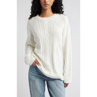 BP. Cabled Oversize Cotton Blend Crewneck Sweater in Ivory at Nordstrom Rack, Size Small