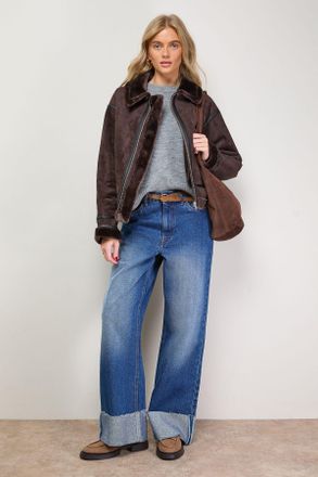 Oasis Womens Zip Through Faux Leather Short Aviator Jacket - Chocolate - Size 18 UK