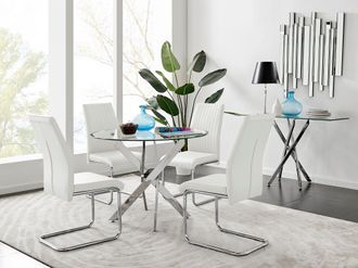 Furniturebox Novara Clear Tempered Glass 100cm Round Dining Table with Chrome Starburst Legs & 4 Lorenzo Faux Leather Chairs in White