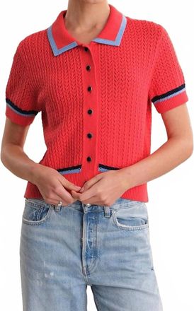 525 america Amy Pointelle Stitch Polo Cardigan In Hibiscus