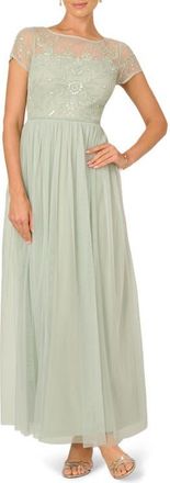 Adrianna Papell Beaded Mesh Chiffon Gown in Icy Sage at Nordstrom, Size 8