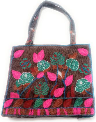 Generic Handcrafted Pakistani Embroidered Handbag, Cotton, Pink and Green Floral Design, Traditional Style