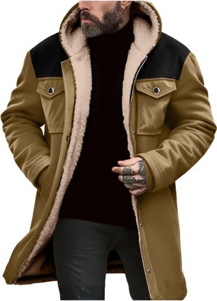 Generic Winter Jackets for Men UK Work Long Coats with Flap Pockets Hooded Trucker Jacket sherpa Fleece Lined Jackets Casual Oversized Motorcycle Trench Coat 