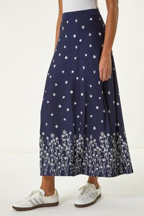 Roman Floral Border Print Stretch Skirt