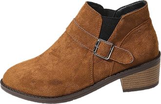 Generic Womens Fall Winter Fashion Suede Ankle Boots with Buckle Detail Comfortable Slip On Design for Everyday Wear (Brown, 6.5)