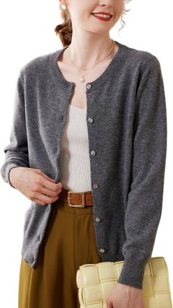 Dissa Women Cashmere Cardigan Dark Grey Crewneck Sweater Long Sleeve Relaxed Cashmere Wool Thin Cardigan Solid Color Ladies Sweater,16,SPR1201