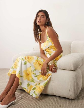 Mango Vestito lungo con scollo rotondo in misto cotone giallo a fiori