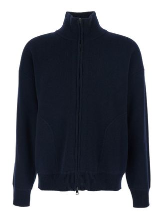 Roberto Collina Blue Sweatshirt With Dropped Shoulders And Front Zip Closure In Wool Man