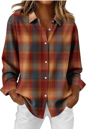 Generic Ladies Plaid Shirts UK 2025 Fashion Long Sleeve Collared Button Down Tops Fall Winter Casual Loose Fit Blouse Dressy Comfy Lightweight Going Out T-Shi