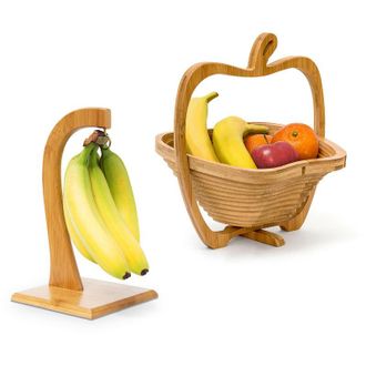 Relaxdays 2-piece fruit set, banana holder, fruit basket, fruit bowl, fruit stand, folding basket, decorative bowl, bamboo