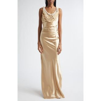 Balmain Shell Garland Draped Silk Gown in Gold/Beige at Nordstrom, Size 4 Us