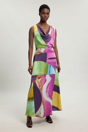 Karen Millen Womens Petite Pink Abstract Twist Shoulder Satin Viscose Midi Dress - Multicolour - Size 12 UK
