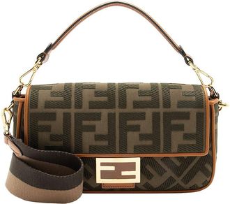 Fendi Fendi Brown Ff Embroidered Canvas Baguette Shoulder Bag (Authentic Pre-Loved)