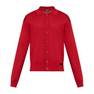 Versace Cardigans, male, Red, Size: XL Silk-Cotton Knit Polo Cardigan