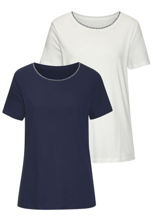 Vivance T-Shirt VIVANCE mit modischer Kontraststickerei, Damen, Gr. 32/34, blau (blau, creme), Single Jersey, Obermaterial: 100% Baumwolle, unifarben, Basic n