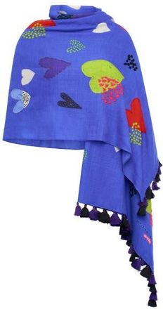 Maison Common Printed And Embroidered Scarf With Tassels with heart motifs in Blue at Nordstrom