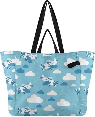 Generic Airplane Cloud Blue pattern Reusable Canvas Tote Bag, Heavy Duty Grocery Shopping Bag with Large Capacity Hard Bottom Double Handles Work Groceries Tr