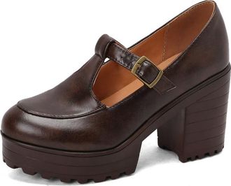 Generic Womens Mary Jane Platform Pumps with Chunky Heel T-Strap Metal Buckle Round Toe Stitched Upper Thick Sole Balanced and Polished Design,Brown,5.5 UK