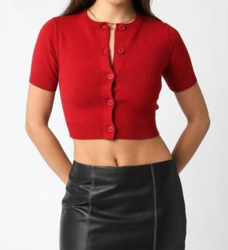 Olivaceous Bella Short Sleeve Knit Cardigan In Scarlet