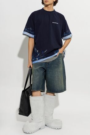 Balenciaga T-shirt With Embroidered Logo, Mens, Navy Blue