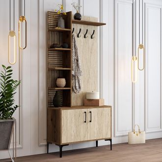 Dmora Mobile Da Ingresso Loceri, Appendiabiti, 7 Ripiani, Apertura Battente, 90x35x200h Cm Beige Marmo