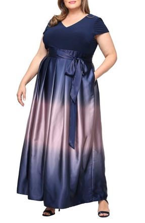 S.L. Fashions Short Sleeve Jersey Bodice Ombr&eacute; Satin A-Line Gown in Navy/Mauve at Nordstrom, Size 14W