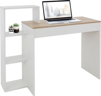 ML Design Ml-design - Escritorio Con Estantes Mesa De Trabajo Para Oficina, Mesita De Ordenador Pc Blanco Con Tablero De Roble Sonoma, 3 Baldas, 110x72x40 Cm, M