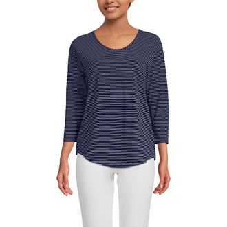 Lands End 3/4 Sleeve Lightweight Jersey U-Neck Tunic in Deep Sea Navy Thin Stripe at Nordstrom, Size X-Small P