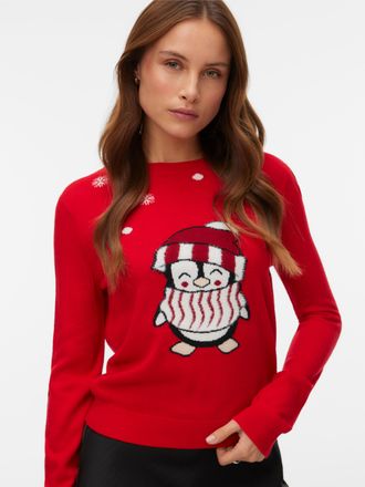 Vero Moda Weihnachtspullover VERO MODA VMCUTE LS O-NECK PULLOVER XMAS BOX, Damen, Gr. M, chinese rot detail:with birch, schwarz (penguin), Strick, Obermaterial: