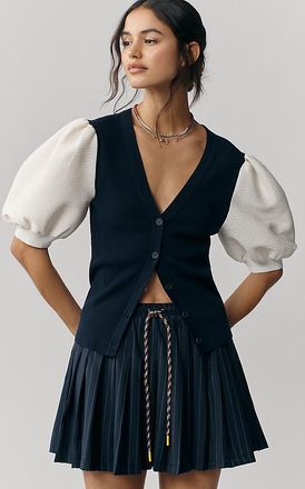 Maeve Puffed Short-Sleeve V-Neck Cardigan Sweater