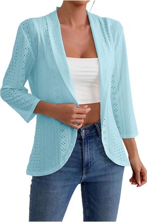 Generic Womens Suits & Blazers Casual Eyelet Jacket Suit Lining 3/4 Sleeve Hollow Out Lapel Open Front Cardigan Fall Winter Outerwear Office Work Business Wed